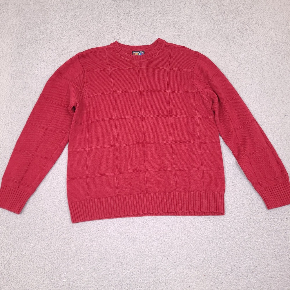 Alexander Julian Colours Sweater Mens Large Red Textured Grid Cotton Crewneck